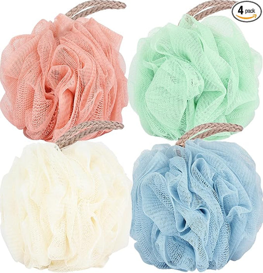 Fu Store Loofah Sponge 60g Shower Loofahs 4 Colors Bath Sponges Mesh Balls for Body Scrubber Exfoliator Wash Back Scrubber Bathroom Men Women - 4 Pack Scrubbers Cleaning Bathing Accessories