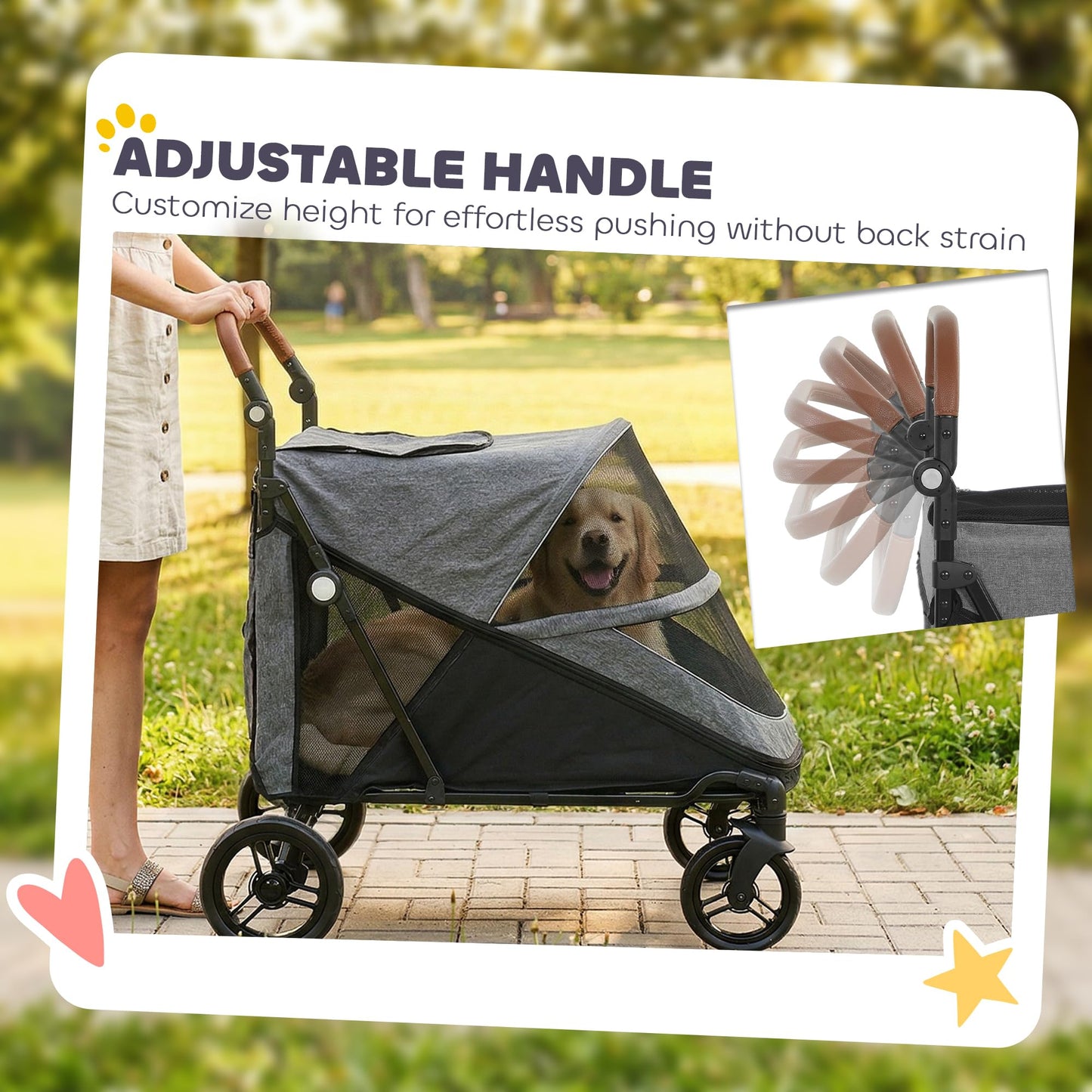 PawHut Dog Stroller for Large Dogs, One-Click Folding 4 Wheel Large Pet Stroller Wagon for Multiple Pets, All Terrain Spring Suspension w/ 8-Position Adjustable Handle, Mesh Window, Up to 66 LBS, Gray