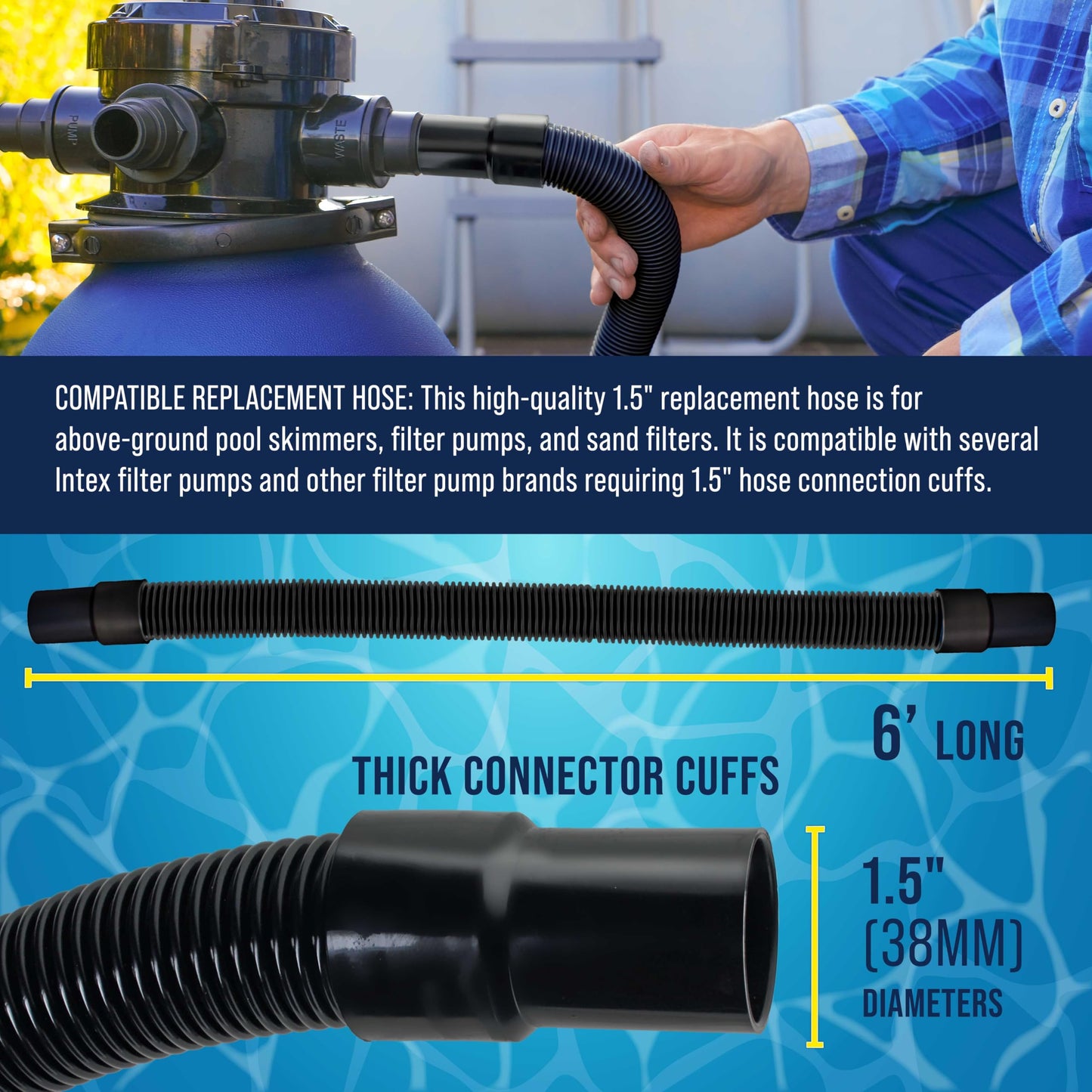 U.S. Pool Supply 6 Foot Heavy-Duty Above Ground Pool Hose, 1.5" - Black Replacement Filter Connecting Hose, Flexible Spiral Wound EVA - Compatible with Intex for Pool Filter Pumps - Skimmer Pump