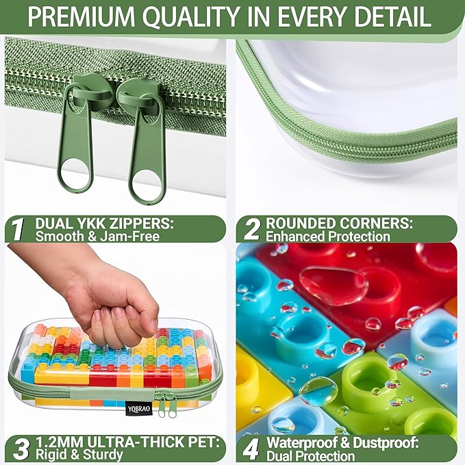 YQBRAO 3-Pack Large Clear Hard Shell Zipper Case, 1.2mm Ultra-Thick Rigid Toy & Closet Organizer, Heavy-Duty Diaper Bag Pouch Set with YKK Zippers, Waterproof Travel Storage (Green)