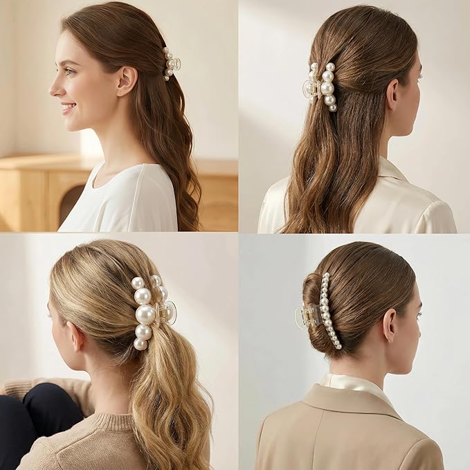 Hair Clips for Women, Large Pearl Hair Claw Clip Set Strong Hold No Slip, Banana Jaw Clip Barrettes, Hair Accessories Birthday Wedding MothdayÃ¢ÂÂs Day Gift for Girl Wife Styling Thick Thin (4 PCS)