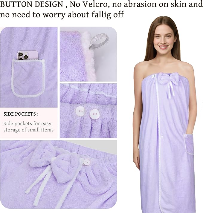 Towel Wrap Women Shower Robe Adjustable Closure Bathrobe with Hair Drying Towel & Spa Wraps