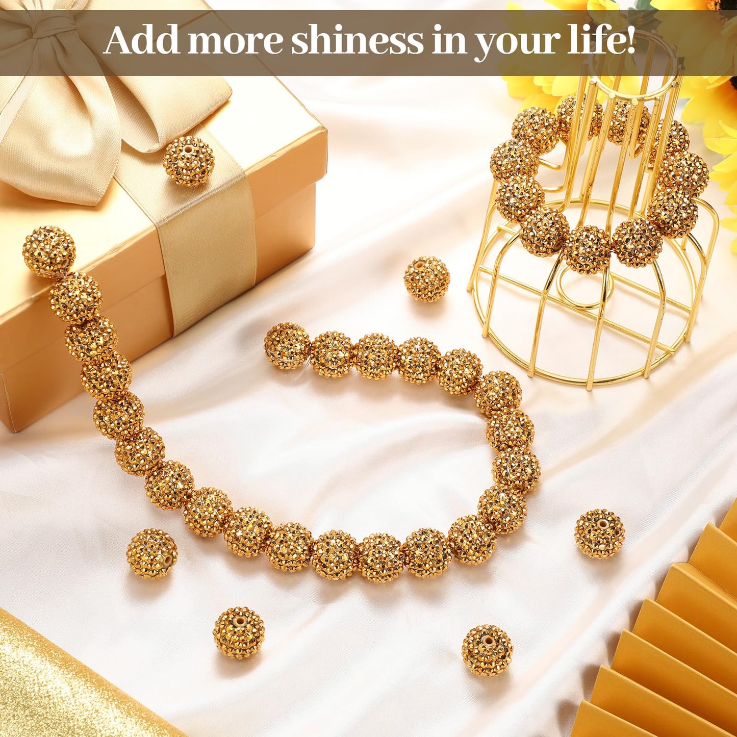 Loetere 40 Pcs 20 mm Rhinestone Beads Bulk Crystal Round Disco Ball Chunky Bubblegum Beads for Pens Bracelets Charms Craft European Style Jewelry Making Supplies Christmas(Gold)