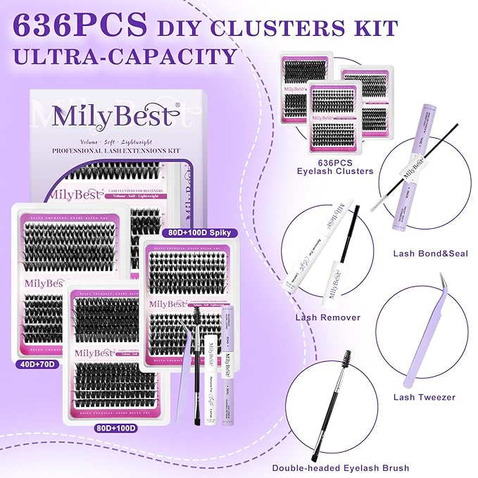 MilyBest 3 Styles Lash Clusters Kit Manga 636Pcs Eyelash Clusters Wispy Lashes Clusters D Curl Individual Cluster Lashes Natural 10-18mm False Eyelashes with Bond&Seal Spiky Lash Packs for Beginners