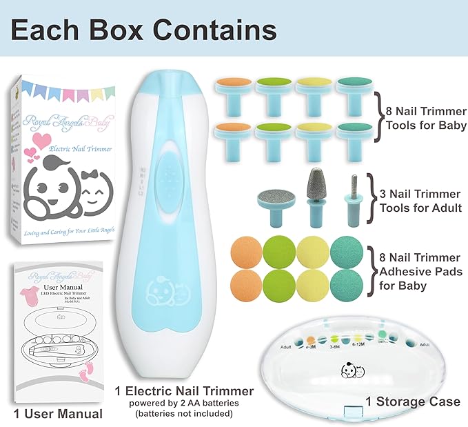Royal Angels Upgraded 21 in 1 Baby Nail Trimmer with Labeled Case, 13 Extra Replacement Pads, Safe Electric Baby Nail File Kit for Newborns & Toddlers, Whisper Quiet Nail Clipper with LED Light (Blue)