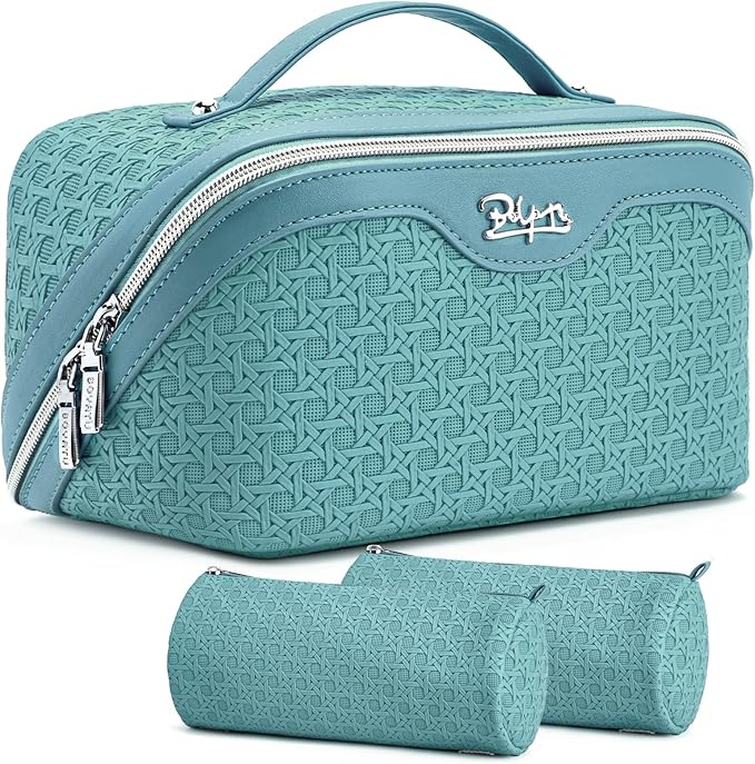 BOYATU Travel Makeup Bag Cosmetic Bags for Women: Large Capacity 3 Pcs Set Make up Bag with Compartments - Waterproof Vegan Leather Toiletry Organizer Bags with Handle (M-75Blue)
