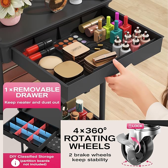 Goovilla Rolling Makeup Organizer Cart with Removable Drawer, 3 Tier Stable Black Floor Skincare Storage Cart for Vanity, Cosmetic Display, Nail Polish, Perfume, Hair Stuff, Beauty, Bathroom(Plastic)