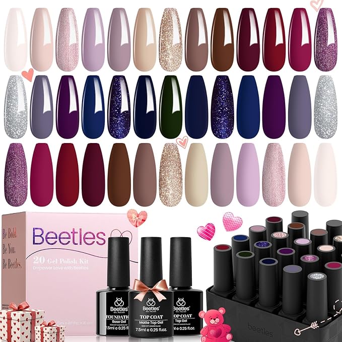 beetles Gel Polish Set 20 Colors Neutral Shimmer Red Nude Brown Gel Nail Polish Kit with Base Coat Matte Glossy Top Coat Soak off Uv Lamp Manicure Set Gift for Women Sophisticated Charm