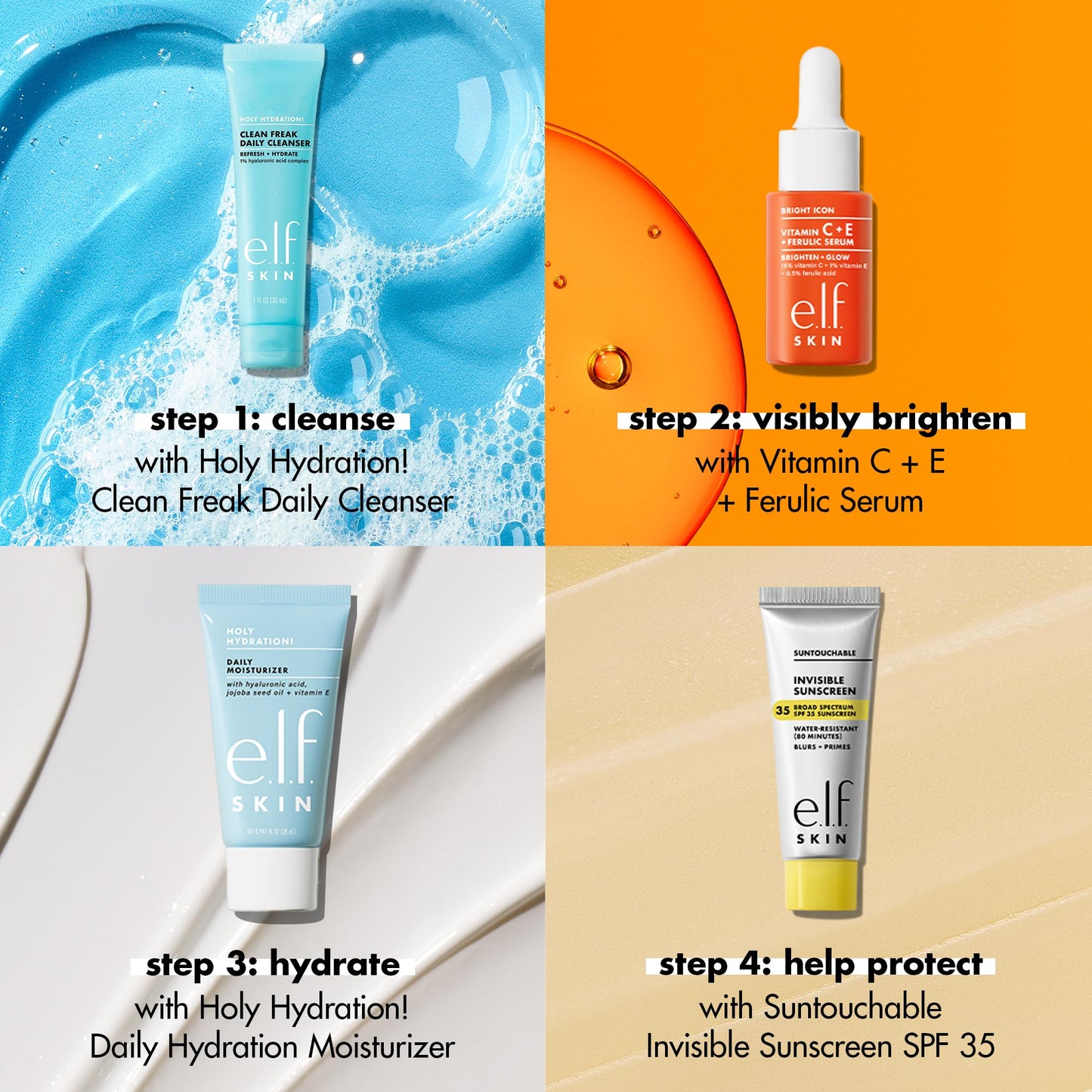 e.l.f. SKIN Wake the e.l.f. Up Skincare Kit, Travel-Size Hydrating Face Cleanser, Sunscreen, Moisturizer & Brightening Serum, Vegan & Cruelty-Free