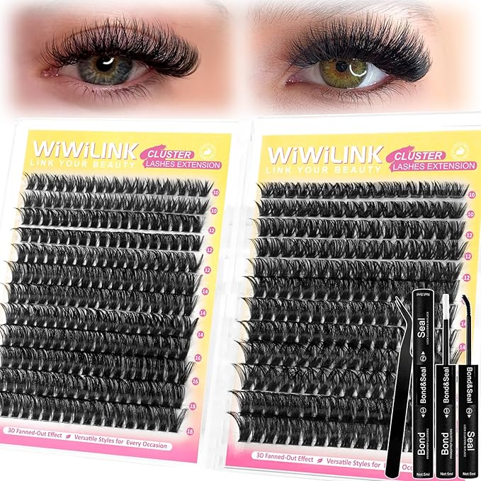 Fluffy Lash Clusters Kit 408Pcs, Wispy Volume (80D/100D) D-Curl Cluster Eyelash Extensions 10-18mm + Bond & Seal Glue + Tweezers - Reusable 15+ Times, Natural to Dramatic Volume