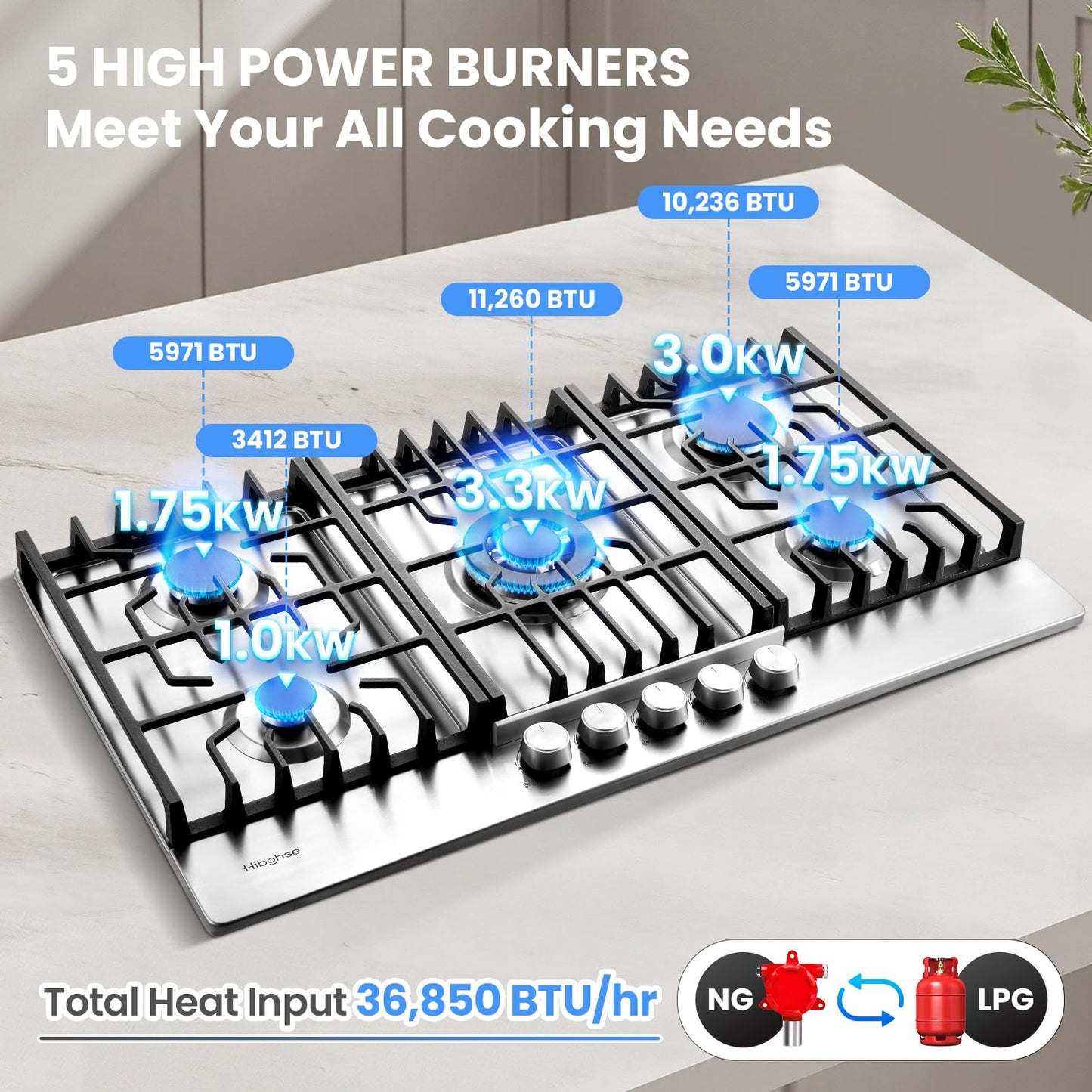 Hibghse 36 Inch Gas Cooktop with 5 Sealed Burners, Stainless Steel Propane Stove Top, NG/LPG Convertible, Built-in Stovetop with Thermocouple Protection for Rvs Kitchen Outdoor