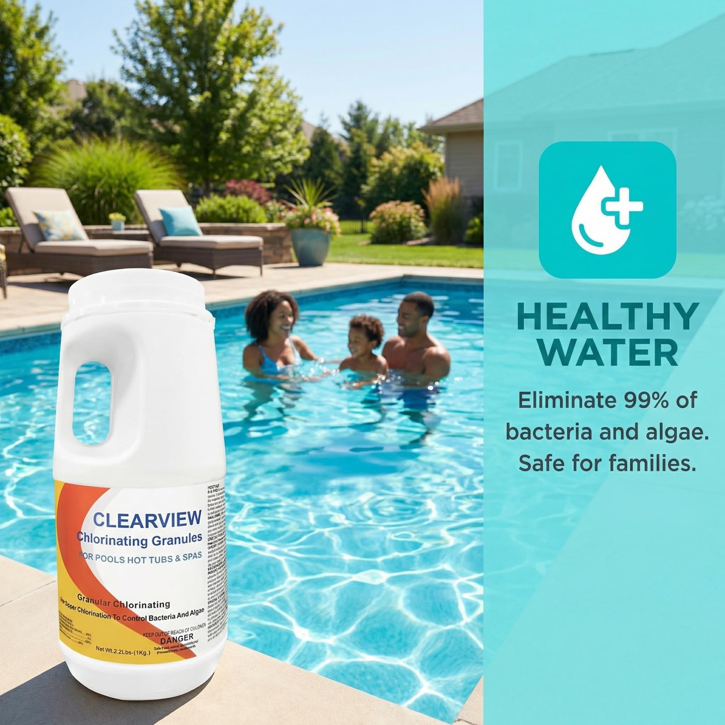 ClearView Chlorine Granules 2.2 Lbs for Swimming Pools, Pool Chlorine Shock Granular Sanitizer for Spas, Fast Dissolving Chlorinating Granules for Hot Tubs