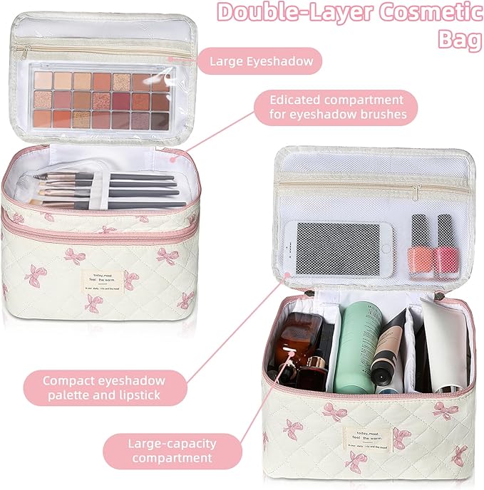Makeup Bag, Portable Travel Make up Bag, Large Capacity Quilted Cosmetic Organizer Bag, Cute Floral Toiletry Bag for Women Girls (Pink Bow)