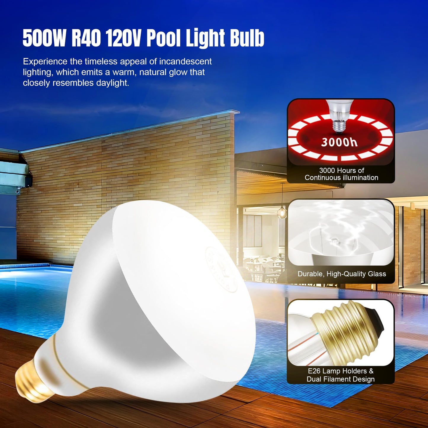 Generalman 500W R40 120V Pool Light Bulb for Inground Pool & Spa – 3000K Warm White, E26 Base, High-Power, Compatible with Pentair & Hayward Fixtures, 3,000-Hour Lifespan (2 Pack)