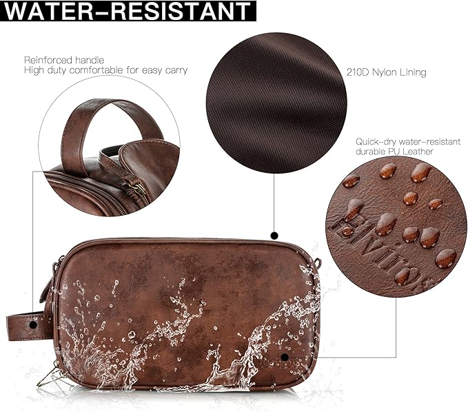 Elviros Travel Toiletry Bag for Men, Shaving Dopp Kit Water-resistant Bathroom Small Toiletries Organizer PU Leather Cosmetic Bags