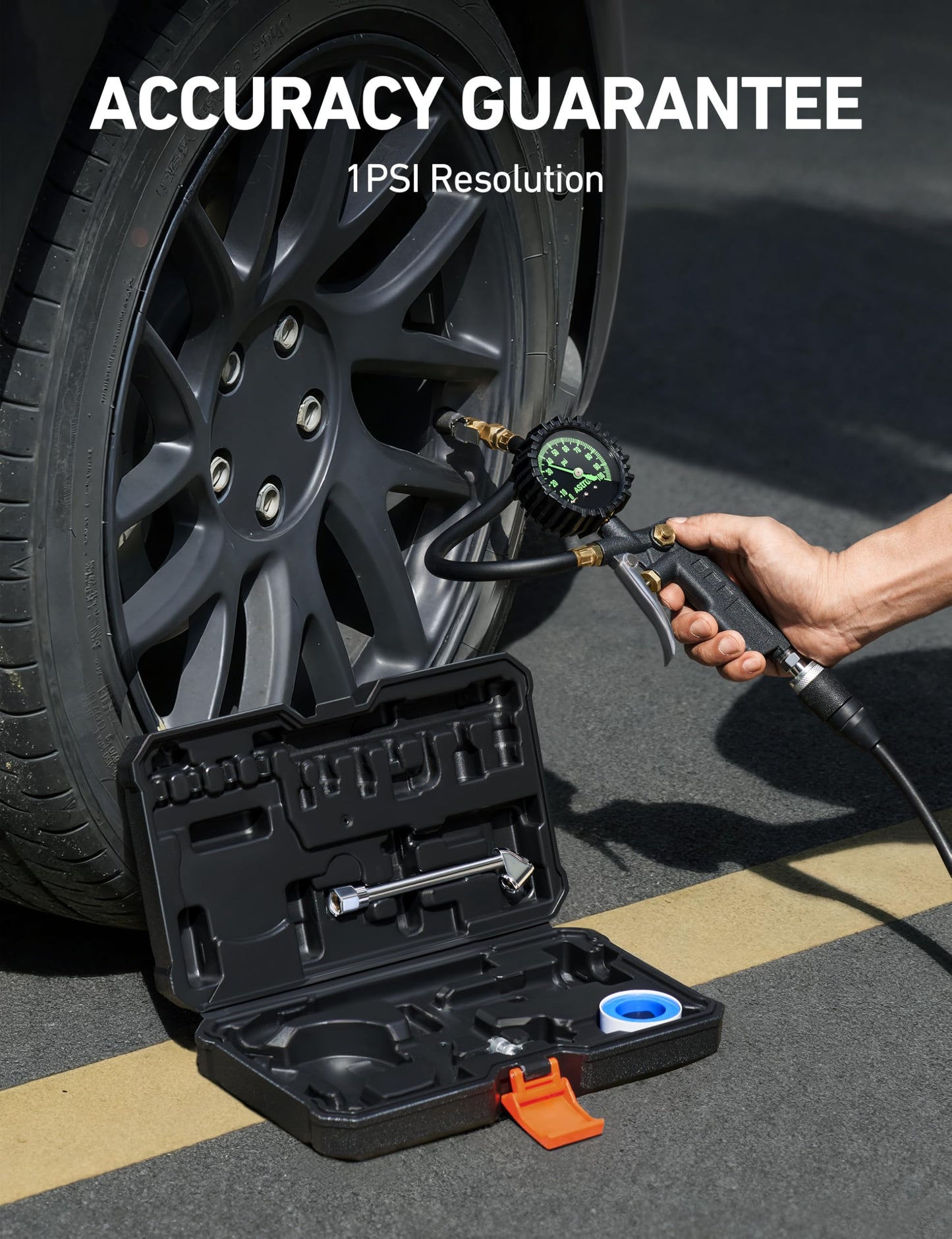 AstroAI Tire Pressure Gauge with Inflator, 100 PSI-ANSI B40.1 Accurate, Large 2.5" Easy Read Glow Dial, Heavy Duty Air Chuck and Compressor Accessories for Truck, with Case