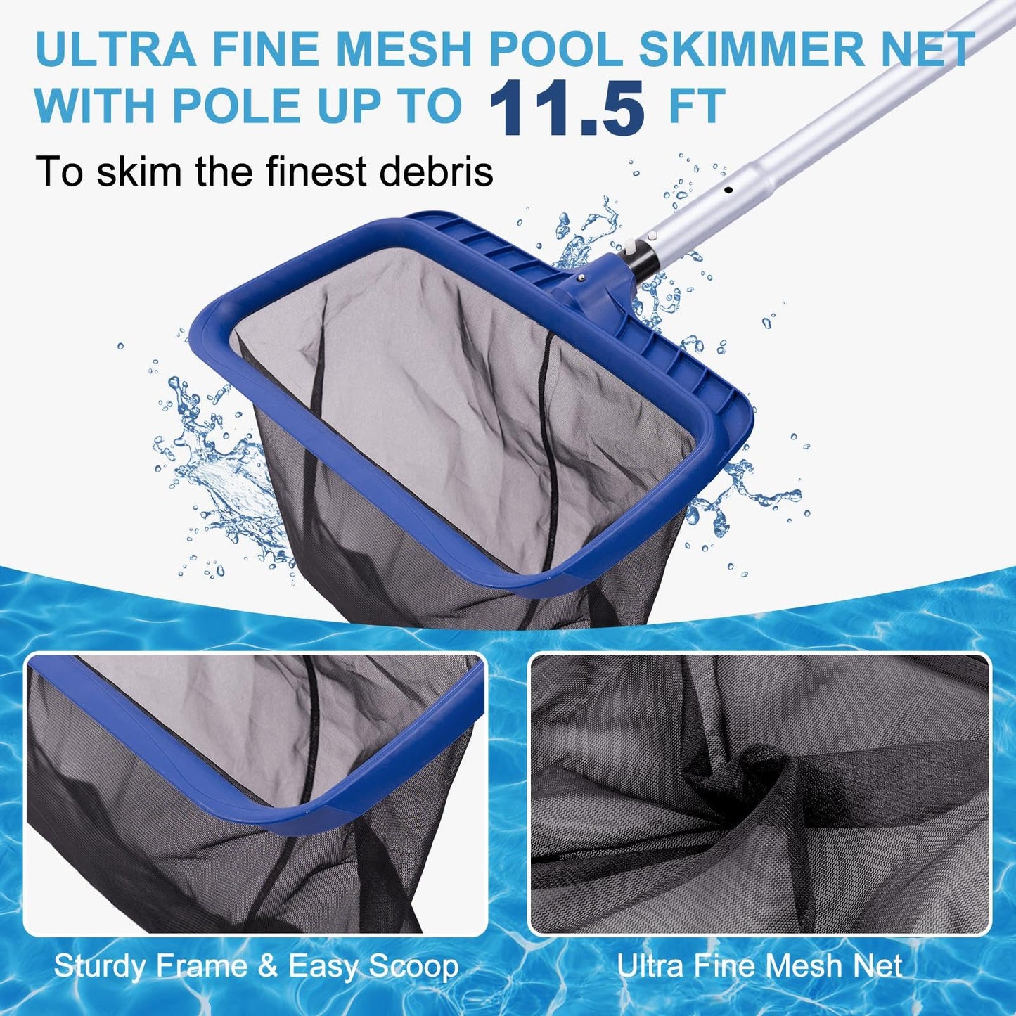 POOLAZA Pool Cleaning Kit, Including Pool Brush & Ultra Fine Mesh Pool Skimmer Net with Pole, Pool Net Skimmer & 17.5'' Pool Brush Head with 10.5ft Aluminum Pool Pole, Pool Net and Brush with Pole