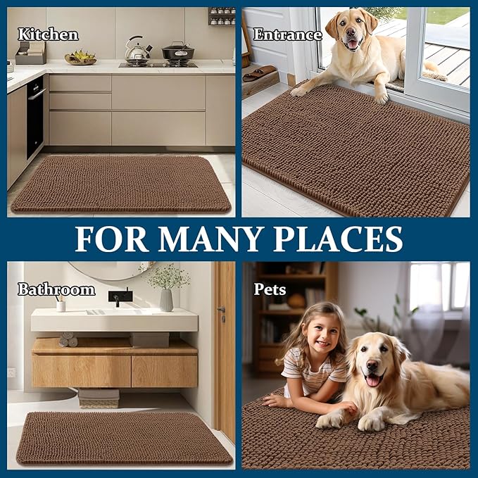 OLANLY Dog Door Mat for Muddy Paws 47x20, Absorbs Moisture and Dirt, Absorbent Non-Slip Washable Doormat, Quick Dry Chenille Mud Mat for Dogs, Entry Indoor Entryway Carpet for Inside Floor, Mocha
