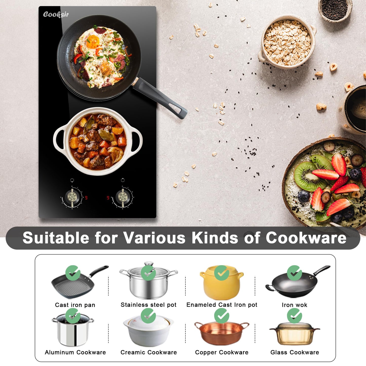 Cooksir 2 Burner Electric Cooktop - 12 Inch 220V Built-in Electric Stove Top 3000W, Ceramic Cook Top Radiant, 9 Power Heating Levels, Overheat Protection, Retro Knob, 220V - 240V Hard Wired (No Plug)