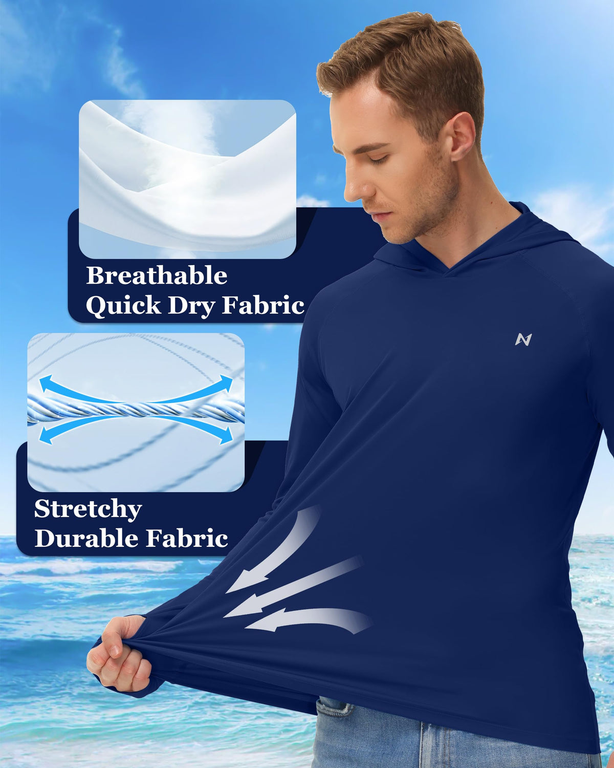 isnowood Sun Shirt UPF 50+ Men's Fishing Long Sleeve UV Protection Hoodie Hiking Rash Guard Swimming Running Blue Purple