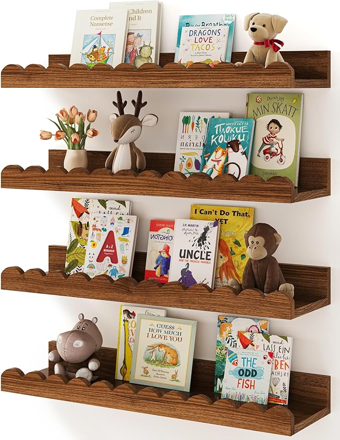Shario Nursery Book Shelves, 4-Pack Walnut Brown,Floating Shelves for Wall Kids, Scalloped Shelves, Wall Book Shelves for Bedroom Kids, Toddler Room, Baby Room, Nursery Decor