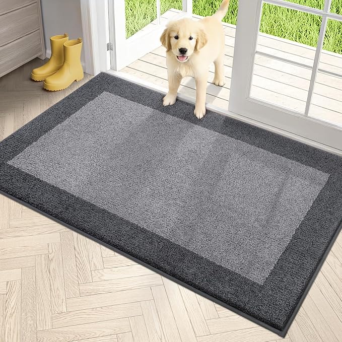 PURRUGS Dirt Trapping Door Mat 34" x 60", Non-Slip Washable Entry Mat, Dog Doormat, Front Door Mat, Super Absorbent Entrance Mat for Muddy Shoes & Paws, Light Grey & Grey
