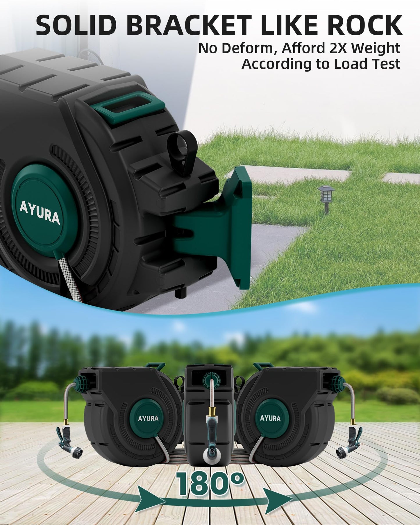 AYURA Retractable Garden Hose Reel 100 ft x 1/2 inch with Pro Metal Shaft, Heavy Duty Automatic Garden Hose Reels with Kink-Free Rewind and Lock at Any Length, Wall Mount Water Hose Reel for Outside