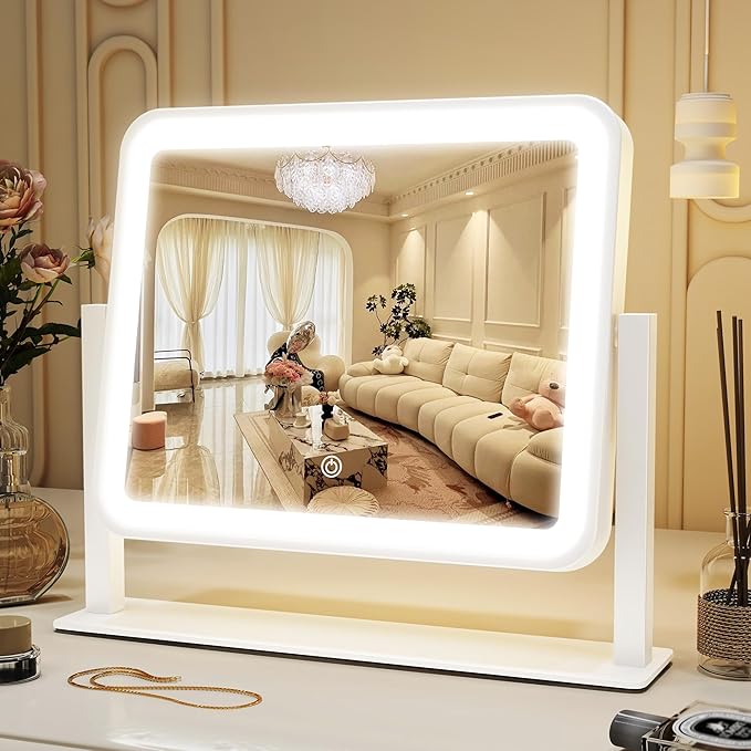 ROLOVE Vanity Mirror with Lights, 14"×12" LED Makeup Mirror, Lighted Makeup Mirror with Lights, Smart Touch Control 3 Colors Dimmable, Lighted Up Mirror for Makeup Desk, Bedroom, Women Gift
