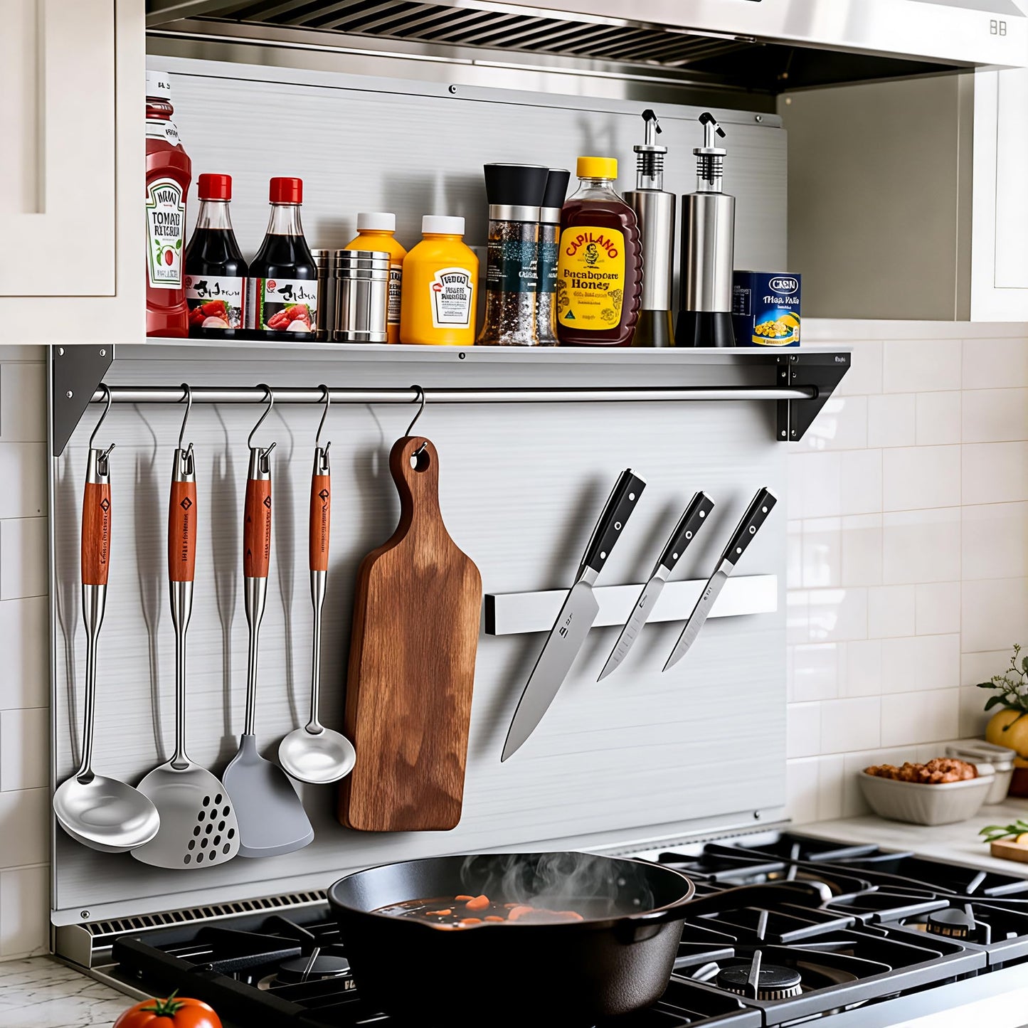Wilprep Range Backsplash, 36"x30" Stainless Steel Backsplash with Storage Shelf & Magnetic Knife Rack, Range Hood Stainless Steel for Stove, Range Hood Wall Shield with Pre-Drilled Holes