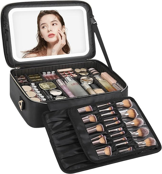 Relavel Large Makeup Case With LED Mirror, 16.2" Cosmetic Vanity Case with 3 Lignting Modes and Adjustable Brigntness, Professional Travel Make Up Organizer for Makeup Artist with Strap, Black