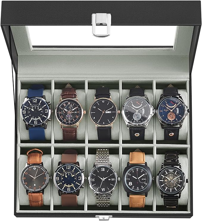 SONGMICS Watch Box, 10-Slot Watch Case Organizer with Large Glass Lid, Removable Pillows, Gift for Loved Ones, Black Synthetic Leather, Gray Lining UJWB010BK