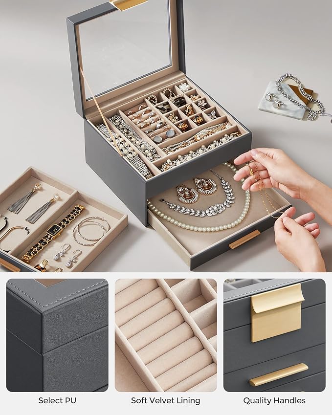 SONGMICS GISELLA Collection - Jewelry Box Organizer, 3-Layer Jewelry Storage with 2 Drawers, Shiny Metal Hardware, Glass Lid, Modern, 8 x 9.1 x 5.3 Inches, Gray and Gold Color UJBC239G02