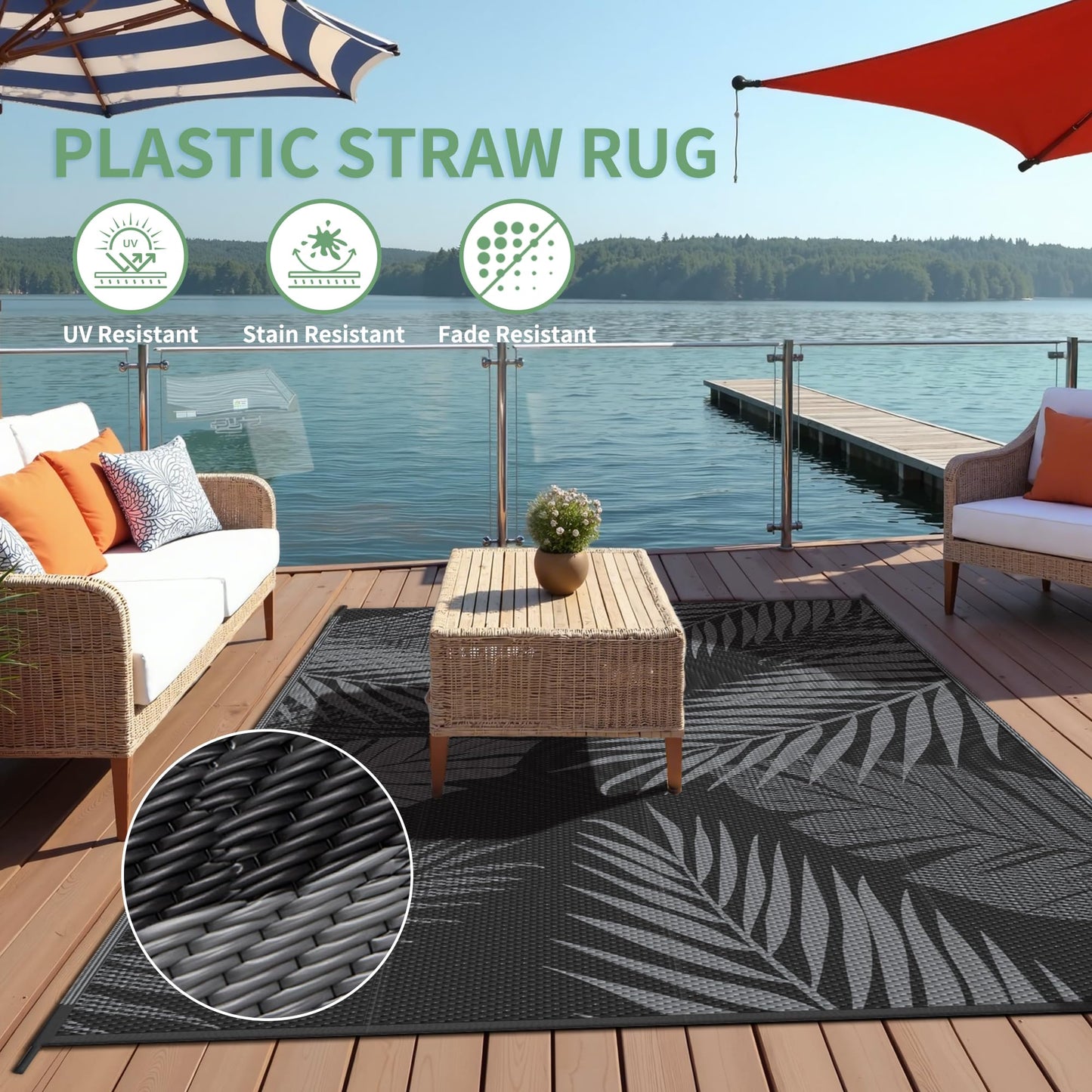 sarben Outdoor Rug 8’x10’ Waterproof for Patio Clearance, Reversible Indoor Outdoor Plastic Straw Camping Rug Carpet, RV Mat, Large Area Rug for Deck, Backyard, Balcony, Porch, Beach, Black & Grey