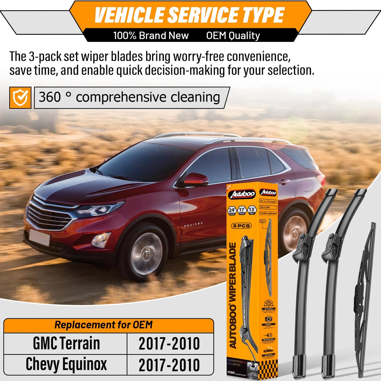 OEM Windshield Wiper Blade Replacement for GMC Terrain Chevy Equinox 2010-2017 Original Equipment Wiper Blade Set- 24+17+13 (Set of 3) 1 Year Warranty