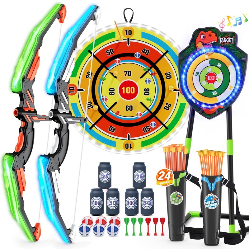 HYES 2 Pack Kids Bow and Arrow with 29" Large Dart Board, LED Light Up Archery Set with 24 Suction Cup Arrows, Indoor Outdoor Sport Toys Gifts for 3 4 5 6 7 8 9 10 11 12 Year Old Boys Girls