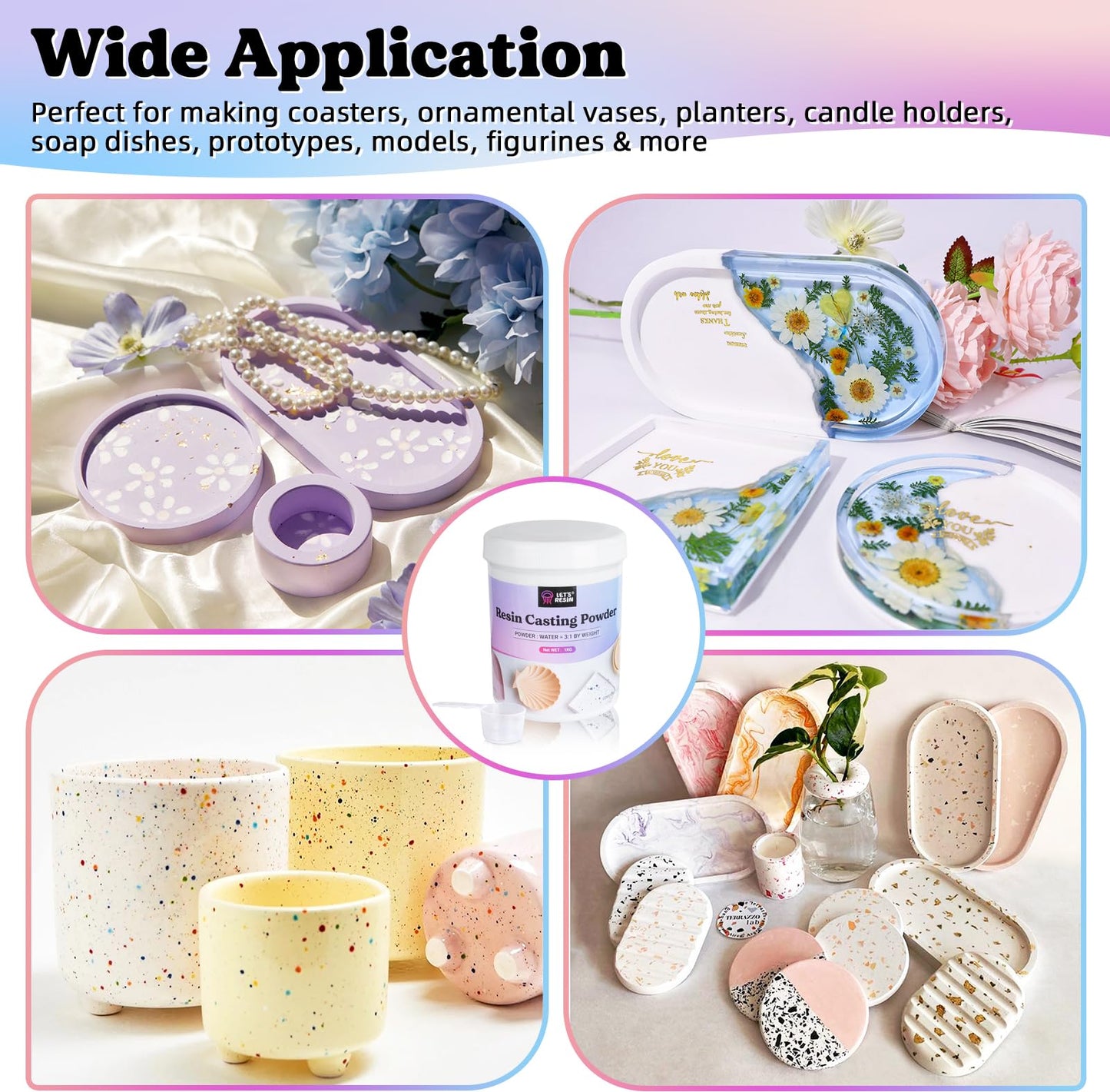 LET'S RESIN Resin Casting Powders Starter Kit, 1000g Fast Cured Odorless Casting Powder, 20~30 Minutes De-Mold, Water Activated Plaster Powder Casting Kit for DIY, Easy Mixing & Self Leveling
