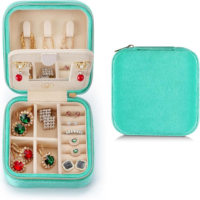 Plush Velvet Travel Jewelry Case, Travel Jewelry Organizer, Jewelry Travel Case, Travel Jewelry Box, Small Jewelry Case, Jewelry Travel Box, Earring Organizer with Mirror - CyanBlue