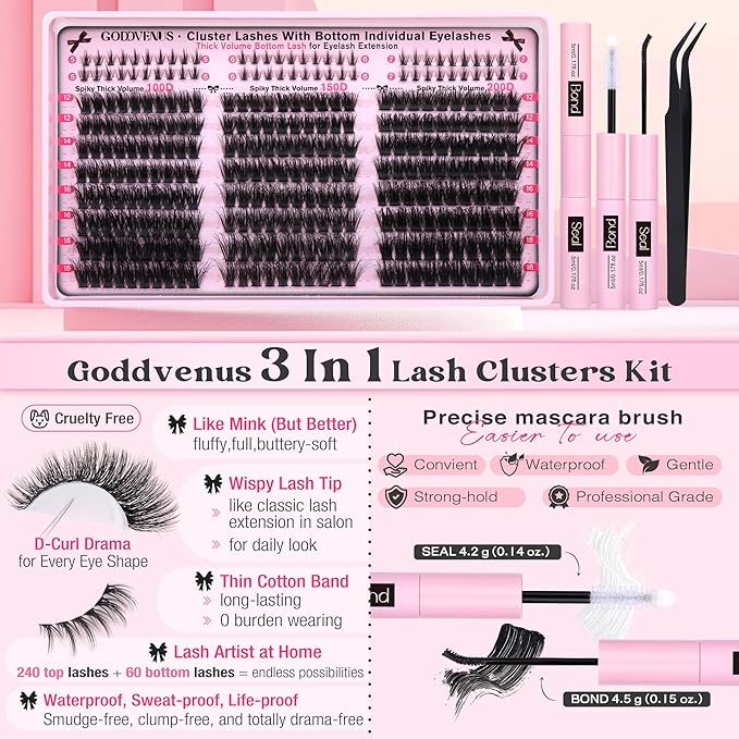 Fluffy Lash Clusters Kit Volume Cluster Eyelash Extensions Kit D Curl Waterproof Eyelash Clusters 240pcs Individual Lashes Full Faux Mink Cluster Lashes and 60pcs Bottom Lashes for DIY Lash Extension