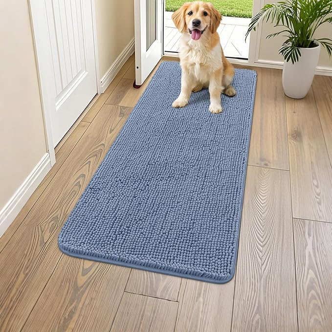 Smiry Dog Door Mat for Muddy Paws 47x24, Absorbs Moisture and Dirt Doormat, Non-Slip Washable Quick Dry Chenille Front Door Mat Indoor Entrance, Entryway Carpet for Inside Floor, Airy Blue