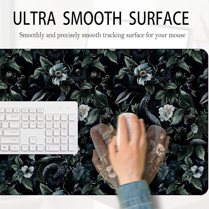 Dark Green Gothic Botanical Serpent Large Mouse Pad 31.5x15.7inch, Dark Academia Moody Witchy Floral Snake Big Extended Desk Mat Mousepad XL Gaming Keyboard Mat for Home Office Accessories