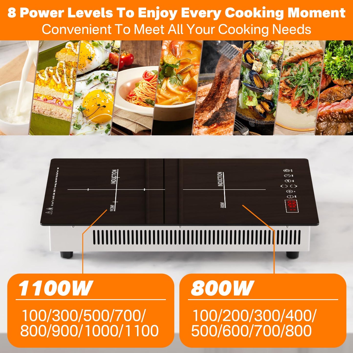 2 Burner Induction Cooktop Built in/Countertop, 110V~120V 1900W Double Induction Cooktop for RV, Camping with Plug, Timer, Child Lock (Black）