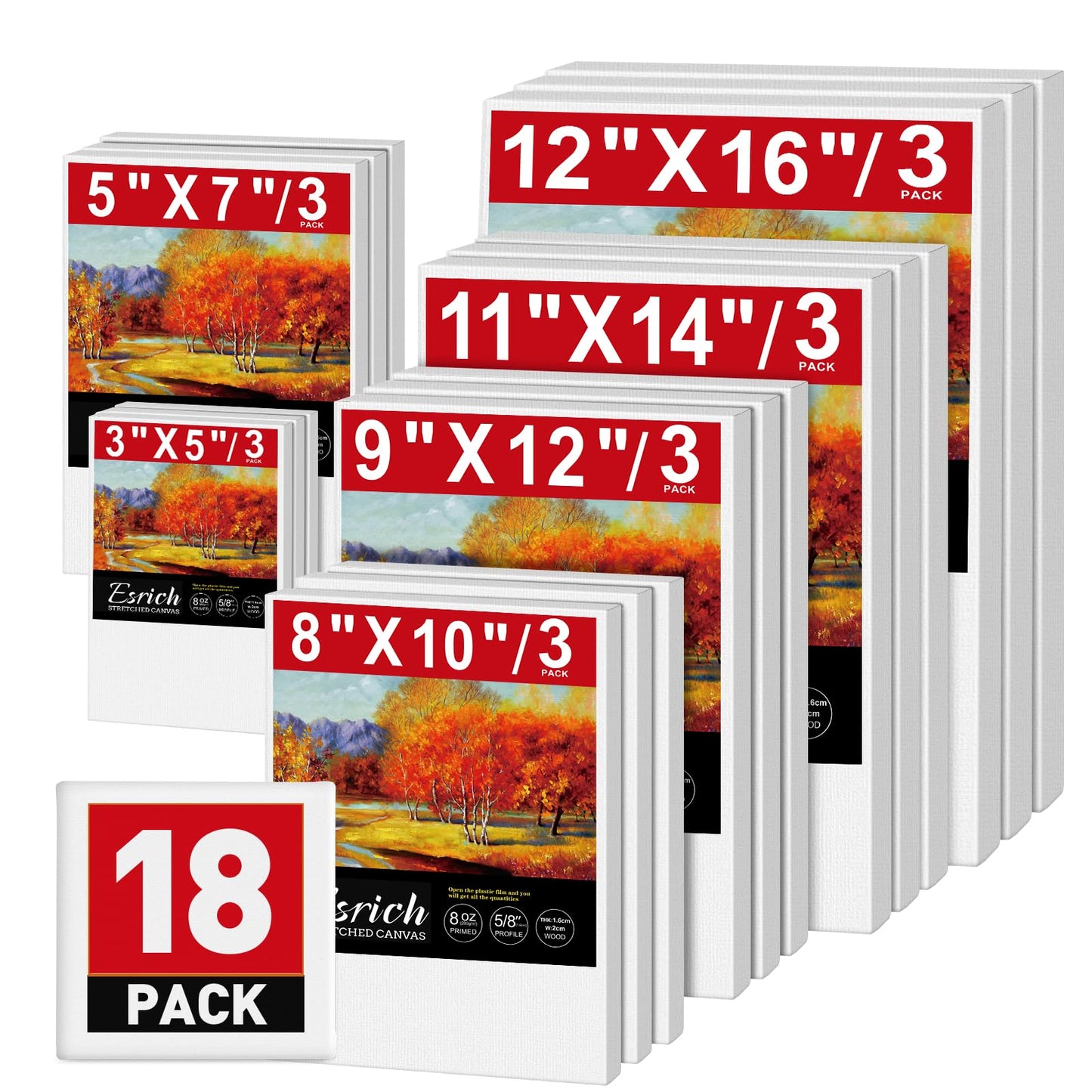 ESRICH Stretched Canvas for Painting,18 Multi Pack Blank Canvases for Painting 12x16, 11x14, 9x12, 8x10, 5x7, 3x5, Cotton Primed Painting Canvas for Oil, Acrylic Paint, for Beginners, Artists.