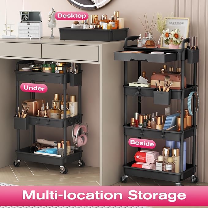 Goovilla Rolling Makeup Organizer Cart with Removable Drawer, 3 Tier Stable Black Floor Skincare Storage Cart for Vanity, Cosmetic Display, Nail Polish, Perfume, Hair Stuff, Beauty, Bathroom(Plastic)