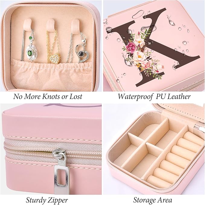 Christmas Gifts for Mom from Daughter Son, Personalized Birthday Giftware for Women, Mother Day Mom Gifts Small Travel Jewelry Box Travel Jewelry Organizer with Mirror, Initial K