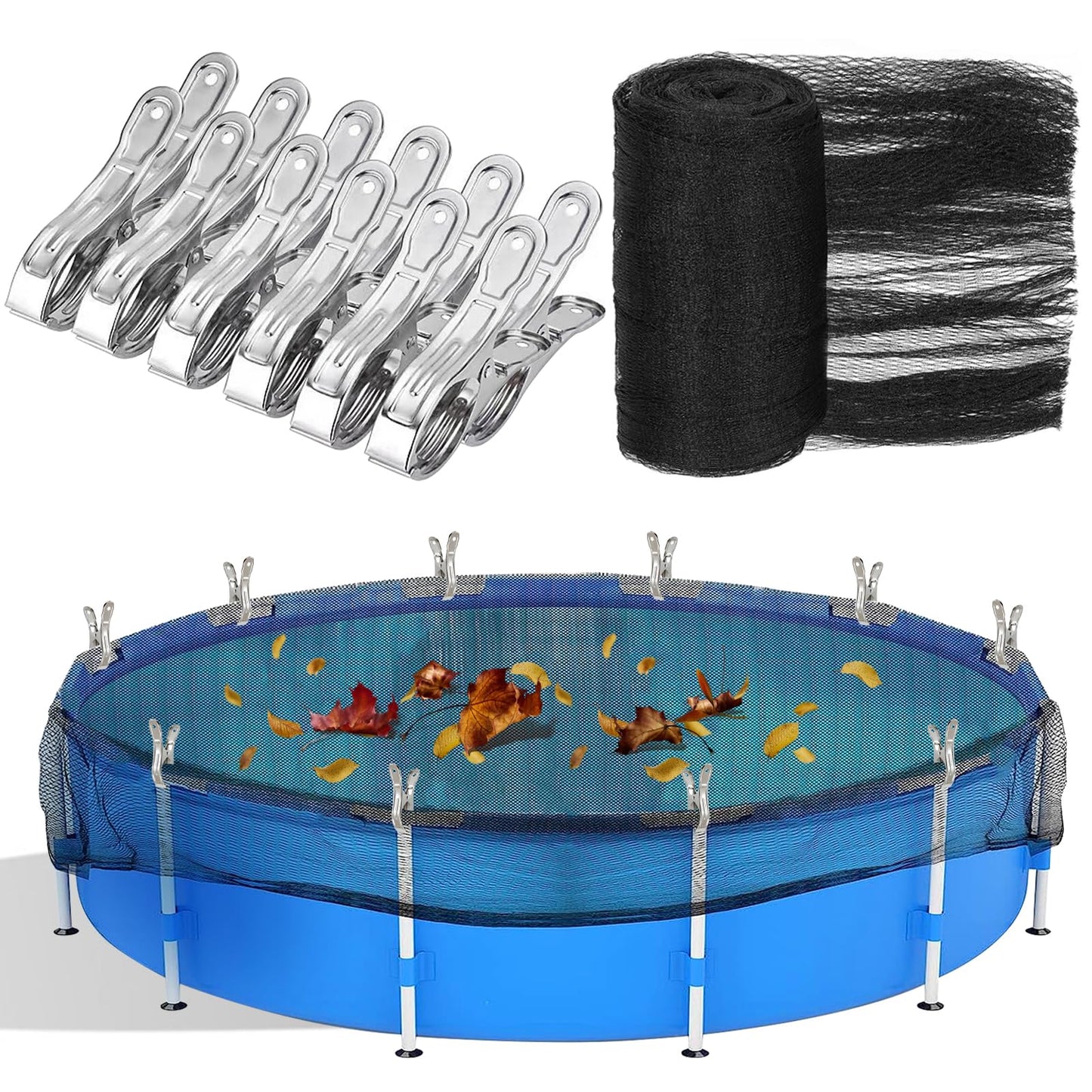 15 Feet Round Leaf Net Cover for Above Ground Pool, Winter Cover Mesh Cover with 12 Pcs Large Metal Clips，Pool Safety Net Fits 15FT Above Ground Pools, Keeps Leaves Out of Your Pool （Black）