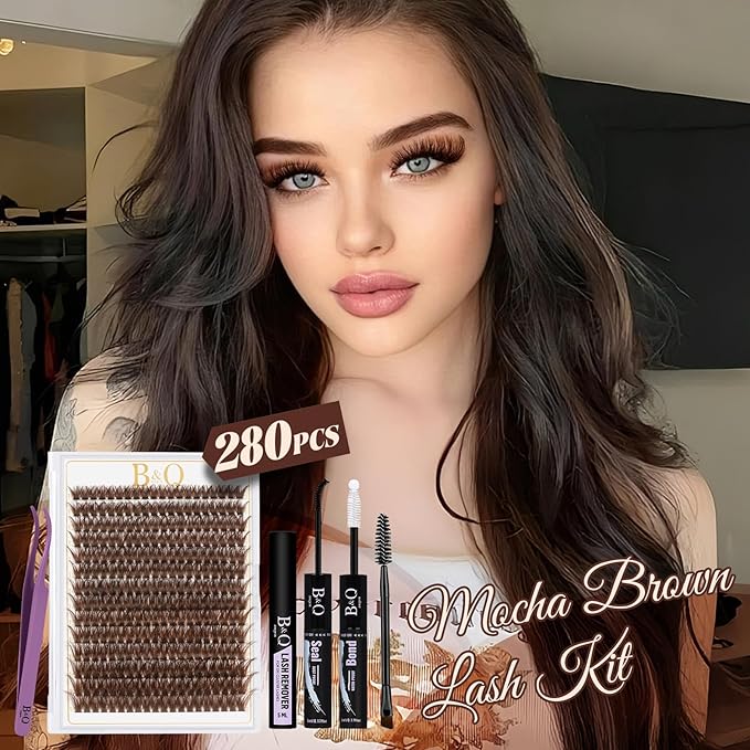 B&Q Mocha Brown Lash Clusters Kit | 280 Pcs Brown Wispy & Natural Eyelash Clusters for Beginner DIY, Complete Lash Extension Kit with Bond and Seal, Fake Eyelashes for Natural Look（80D 10-18mm)