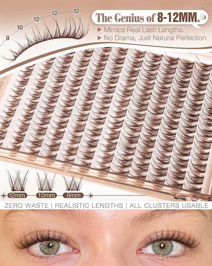 Brown Lash Clusters Kit 8-12MM Natural Cluster Eyelash Extensions Kit Wispy Cluster Lashes Dark Brown Individual Lashes C Curve Eyelash Clusters Short 144Pcs PestaÃÂ±as Postizas MarrÃÂ³n