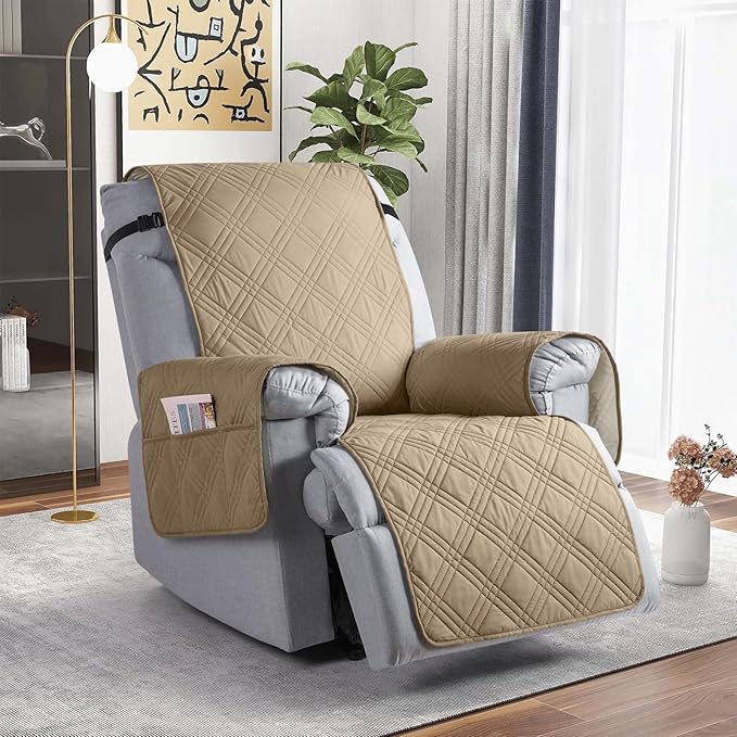TAOCOCO 100% Waterproof Recliner Chair Cover Stay in Place, Recliner Covers for Small Recliner Chair with Pocket, Reclining Chair Cover Furniture Protector for Kids, Pets(20'', Camel)