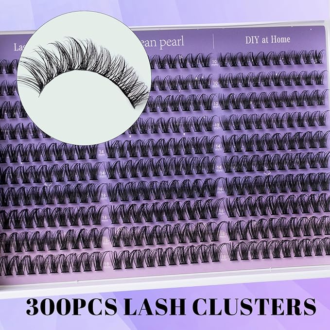 Ocean Pearl Lash Clusters 300pcs 10-18mm Cluster Eyelash Extensions Natural Eyelash Clusters Thin Band Individual Lashes Soft Eyelashes False Eyelashes DIY Lash Extensions Kit with bond and seal-M36
