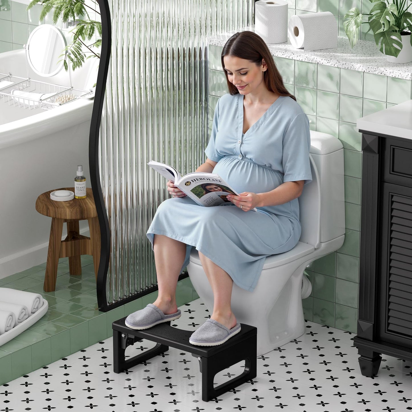 Bathway Squatting Potty Stool, Foldable Toilet Stool Squat for Adult, Bamboo Poop Stool, Foot Step Stools, Anti-Slip Pooping Stools for Bathroom, Black, 7''